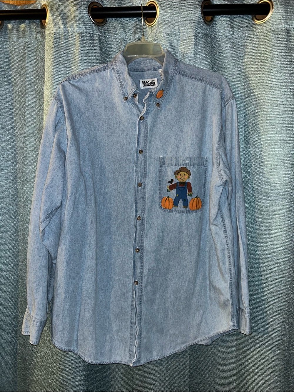 Basic Editions Light Blue Denim Button-Down Shirt with Scarecrow Pocket Graphic